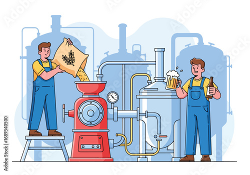 Flat style vector illustration of brewers working with brewing equipment, pouring grains and holding frothy beer mugs, symbolizing beer production, craft brewing, Oktoberfest, and traditional brewery