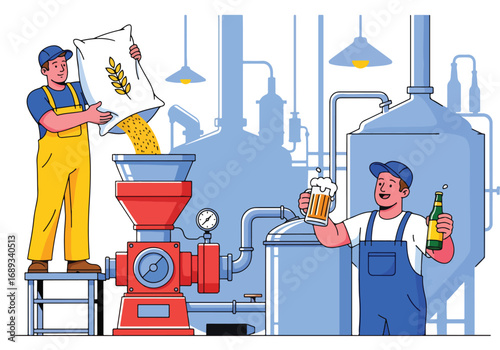 Flat style vector illustration of brewers working with brewing equipment, pouring grains and holding frothy beer mugs, symbolizing beer production, craft brewing, Oktoberfest, and traditional brewery