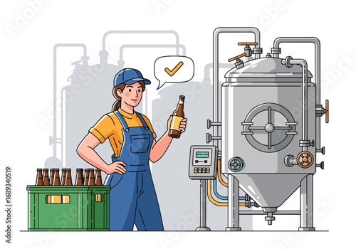 Flat style vector illustration of a female brewer holding a beer bottle beside brewing tanks, symbolizing beer production, craft brewing, brewery industry, and modern beer culture