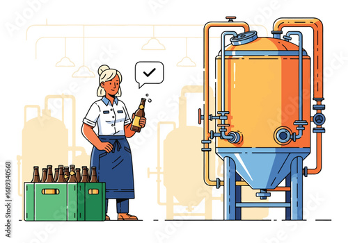 Flat style vector illustration of a female brewer holding a beer bottle beside brewing tanks, symbolizing beer production, craft brewing, brewery industry, and modern beer culture