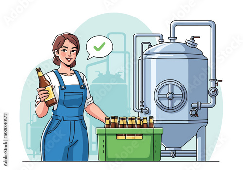 Flat style vector illustration of a female brewer holding a beer bottle beside brewing tanks, symbolizing beer production, craft brewing, brewery industry, and modern beer culture