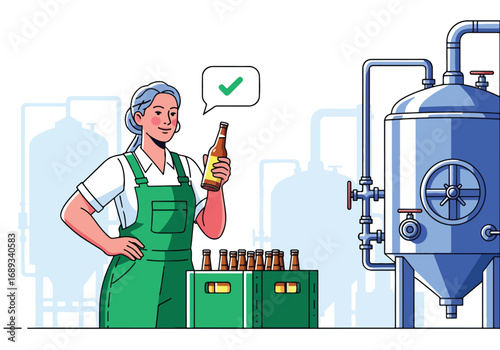 Flat style vector illustration of a female brewer holding a beer bottle beside brewing tanks, symbolizing beer production, craft brewing, brewery industry, and modern beer culture