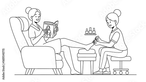Relaxing pedicure session woman enjoys reading while technician attends to her feet