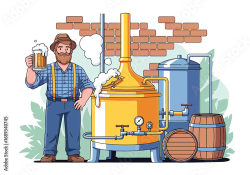 Flat style vector illustration of a brewer holding a frothy beer mug beside brewing equipment and barrels, symbolizing beer production, craft brewing, Oktoberfest, and traditional beer culture
