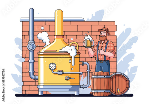 Flat style vector illustration of a brewer holding a frothy beer mug beside brewing equipment and barrels, symbolizing beer production, craft brewing, Oktoberfest, and traditional beer culture