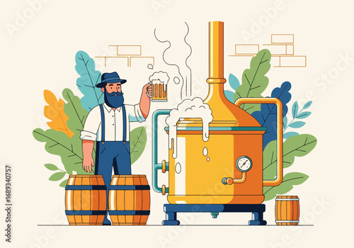 Flat style vector illustration of a brewer holding a frothy beer mug beside brewing equipment and barrels, symbolizing beer production, craft brewing, Oktoberfest, and traditional beer culture