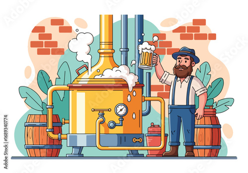 Flat style vector illustration of a brewer holding a frothy beer mug beside brewing equipment and barrels, symbolizing beer production, craft brewing, Oktoberfest, and traditional beer culture