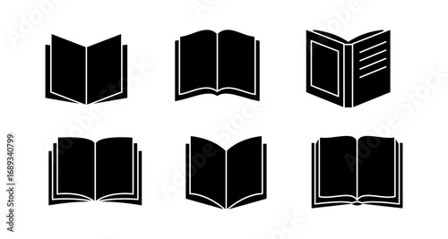 Set of open book icons in black silhouette style