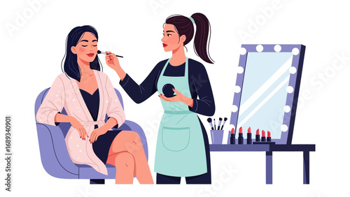 Professional makeup artist applying cosmetics to a client in a beauty salon with a lighted mirror