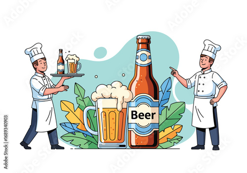 Flat style Cartoon illustration of chefs serving frothy beer mugs and a large beer bottle, symbolizing brewing, gastronomy, pub culture, and festive celebration of food and drinks