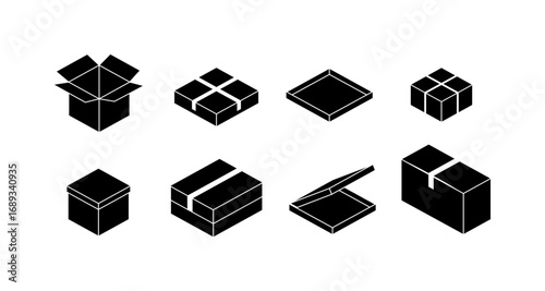 Set of isometric black box icons for packaging and storage design