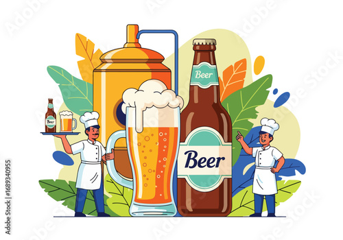 Flat style Cartoon illustration of chefs serving frothy beer mugs and a large beer bottle, symbolizing brewing, gastronomy, pub culture, and festive celebration of food and drinks