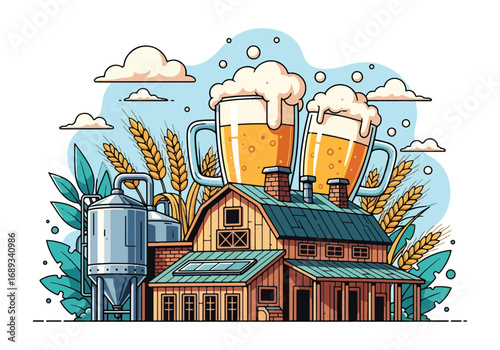 Cartoon illustration of a brewery with factory, silos, wheat, hops, and giant frothy beer mugs, symbolizing beer production, brewing tradition, Oktoberfest, and craft beer culture
