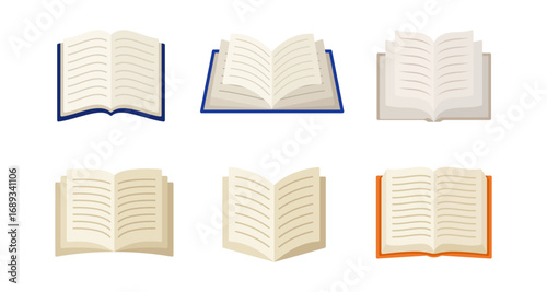 Open book icon set with diverse designs and colors