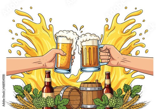 Cartoon illustration of two hands clinking frothy beer mugs with beer splash, bottles, barrels, hops, and wheat, symbolizing celebration, Oktoberfest, friendship, and festive brewing culture