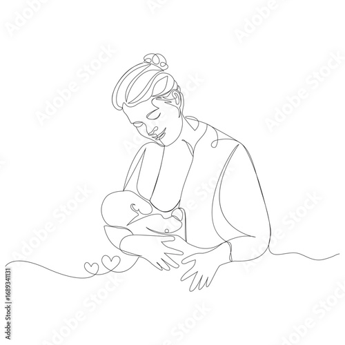 Continuous line drawing of a mother breastfeeding her baby with hearts nursing infant