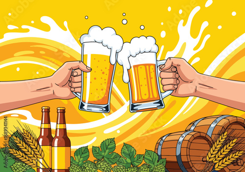 Cartoon illustration of two hands clinking frothy beer mugs with beer splash, bottles, barrels, hops, and wheat, symbolizing celebration, Oktoberfest, friendship, and festive brewing culture