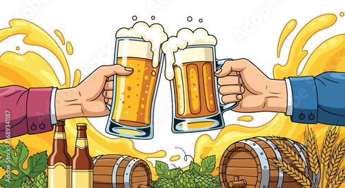 Cartoon illustration of two hands clinking frothy beer mugs with beer splash, bottles, barrels, hops, and wheat, symbolizing celebration, Oktoberfest, friendship, and festive brewing culture