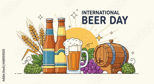 Cartoon illustration of beer bottles, frothy mug, wooden barrel, hops, wheat, and grapes under International Beer Day banner, symbolizing celebration, brewing tradition, and festive beer culture