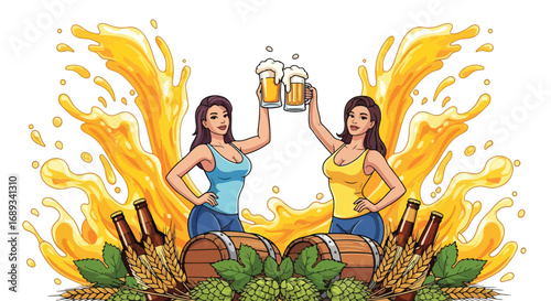 Cartoon illustration of two women toasting with frothy beer mugs, surrounded by barrels, hops, wheat, and beer splash, celebration, Oktoberfest, brewing culture, and festive beer advertising