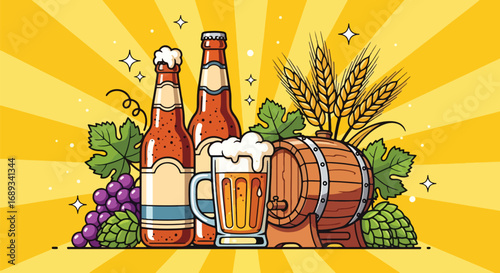 Cartoon illustration of beer bottles, frothy mug, wooden barrel, hops, wheat, and grapes under International Beer Day banner, symbolizing celebration, brewing tradition, and festive beer culture