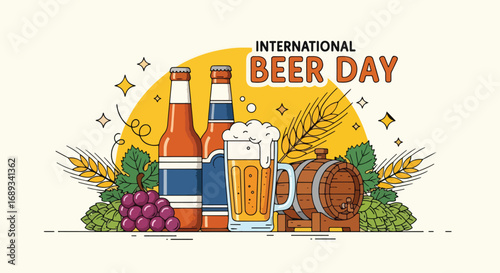 Cartoon illustration of beer bottles, frothy mug, wooden barrel, hops, wheat, and grapes under International Beer Day banner, symbolizing celebration, brewing tradition, and festive beer culture