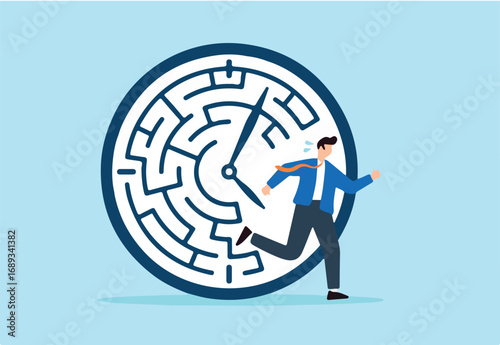 Flat illustration of frustrated businessman running from maze shaped clock to represent deadline pressure and time management stress