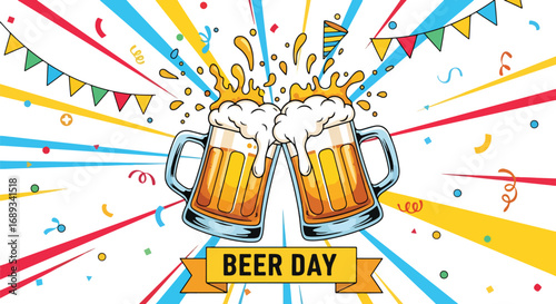 Cartoon illustration of two frothy beer mugs clinking together with confetti, banners, and festive decorations under a Happy Beer Day banner, symbolizing celebration, friendship, and beer culture