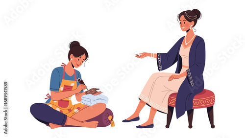 Two women engaged in traditional crafts one sewing and the other demonstrating a skill with focused attention