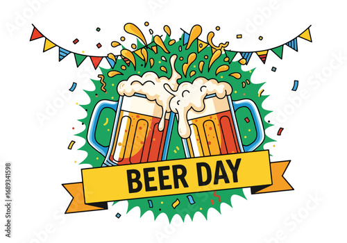 Cartoon illustration of two frothy beer mugs clinking together with confetti, banners, and festive decorations under a Happy Beer Day banner, symbolizing celebration, friendship, and beer culture