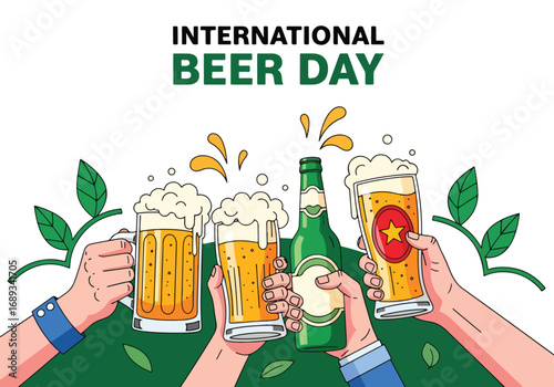 Colorful cartoon illustration of frothy beer mugs and bottles with hops, wheat, snacks, and festive decorations under International Beer Day banner, symbolizing celebration, brewing culture