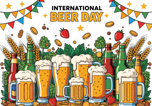 Colorful cartoon illustration of frothy beer mugs and bottles with hops, wheat, snacks, and festive decorations under International Beer Day banner, symbolizing celebration, brewing culture