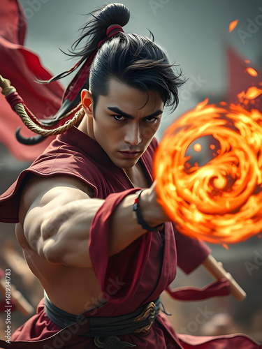 Epic Chinese Warrior: Handsome Muscular Man with Superpower in Battle