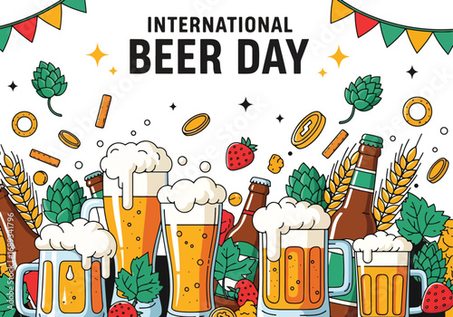 Colorful cartoon illustration of frothy beer mugs and bottles with hops, wheat, snacks, and festive decorations under International Beer Day banner, symbolizing celebration, brewing culture