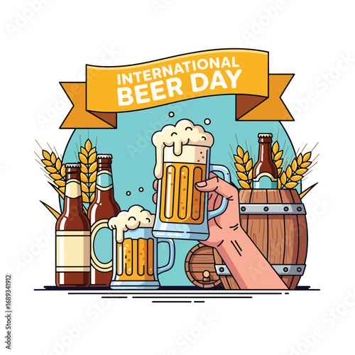 Cartoon illustration of frothy beer mugs, bottles, wheat, and wooden barrel with a hand raising a glass under a banner reading International Beer Day, symbolizing celebration and beer culture