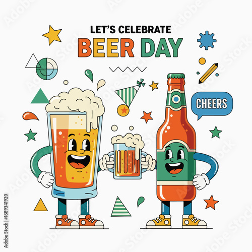 Colorful cartoon illustration of happy beer mugs and a beer bottle celebrating Beer Day with cheers, symbolizing friendship, festivity, pub culture, and fun beverage advertising design