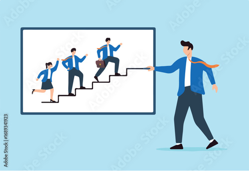 Flat illustration of business leader drawing staircase on whiteboard to visualize startup team progress and business growth strategy