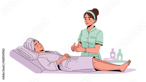 Caring nurse attends to elderly patient lying down in bed with gentle professional care