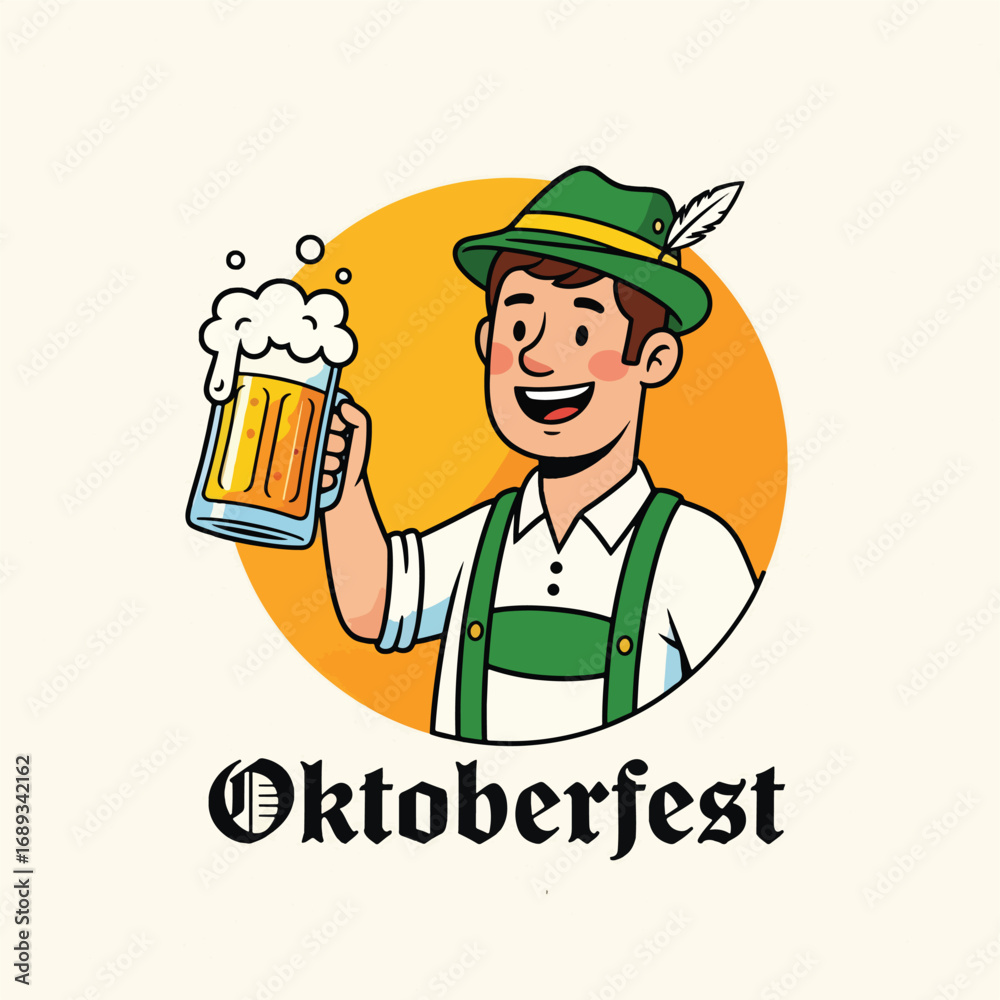 Cartoon Logo illustration of a smiling man in Bavarian outfit holding a frothy beer mug, symbolizing Oktoberfest, German beer culture, celebration, and festive pub advertising Cartoon Logo illustration of a smiling man in Bavarian outfit holding a frothy beer mug, symbolizing Oktoberfest, German beer culture, celebration, and festive pub advertising