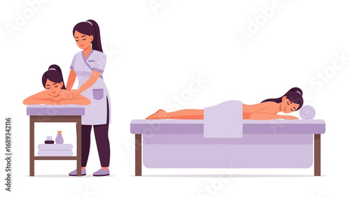 Two women receiving relaxing spa treatments with one getting a massage and the other lying on a massage table