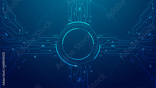 Abstract circuit board with electronic elements. Circuit board with HUD frame, connected lines and dots. AI and digital technology. Innovation, science, and engineering concepts. Vector illustration