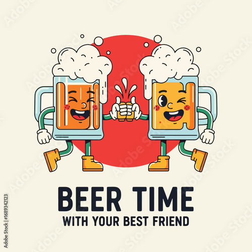 Cartoon illustration logo of two cheerful beer mugs clinking together with smiling faces, symbolizing friendship, celebration, Oktoberfest, pub culture, and fun beer advertising design