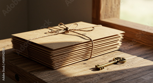 Unlock secrets with vintage key and stacked kraft envelopes tied with twine on rustic wood