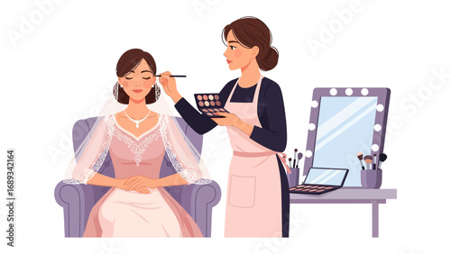 Bride receives professional makeup application from artist in preparation for wedding day ceremony
