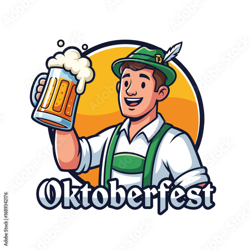 Cartoon Logo illustration of a smiling man in Bavarian outfit holding a frothy beer mug, symbolizing Oktoberfest, German beer culture, celebration, and festive pub advertising