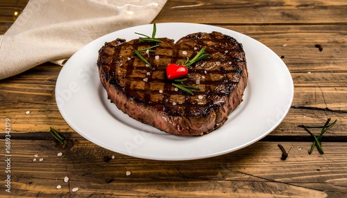 Heart-shaped steak on white plate