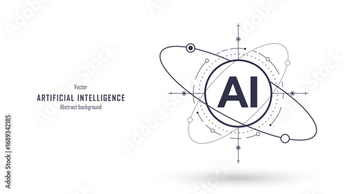 Future cybernetic artificial intelligence technology concept. AI logo on  a circuit frame and atomic rotation. Deep learning, modern engineering, and internet systems. Vector illustration.