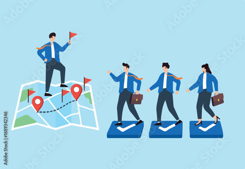 Flat illustration of business leader placing red flags on roadmap while team follows through strategic checkmark checkpoints