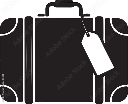 Vintage Luggage Icon with Tag Representing Travel.  A simple, black and white silhouette of a vintage suitcase with a label attached.