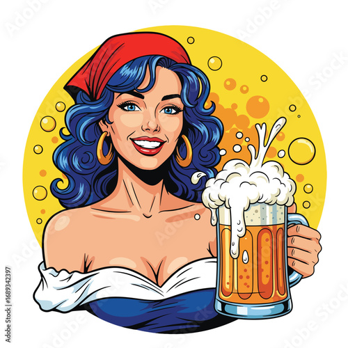 Cartoon logo illustration of a smiling woman in traditional Bavarian outfit holding a frothy beer mug, symbolizing Oktoberfest, German beer culture, celebration, and festive pub advertising